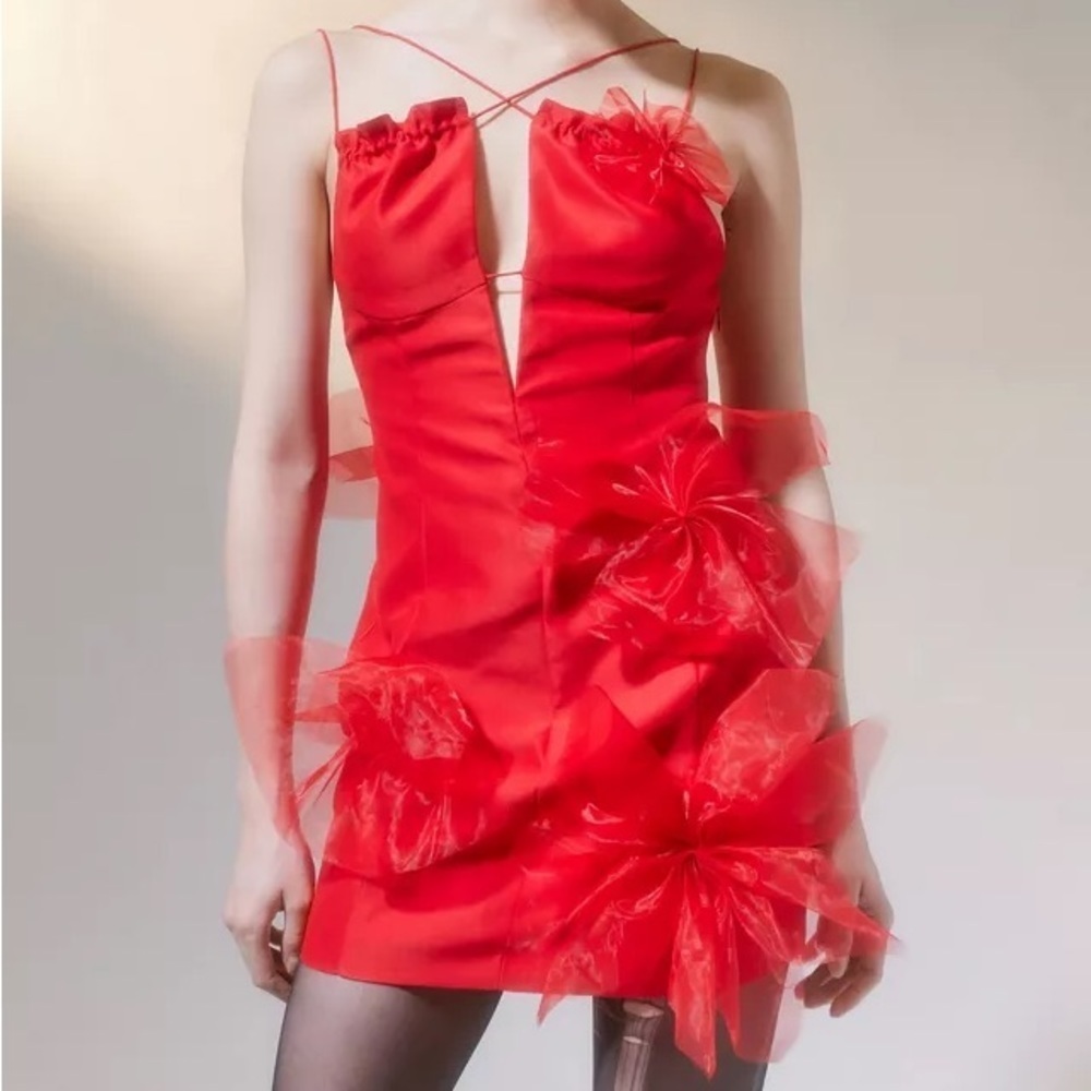 NWT For Love & Lemons Alberta Satin Low-Back Red Bow Strappy Mini Dress Medium